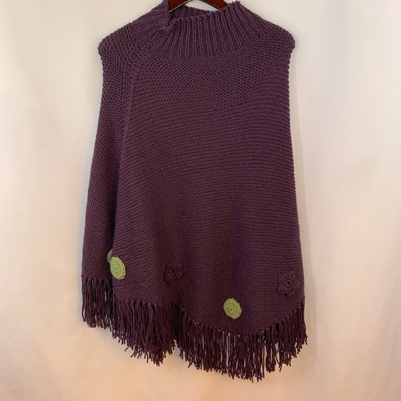 Poncho Cape Sweater Pullover Coat Purple Floral - Picture 1 of 5